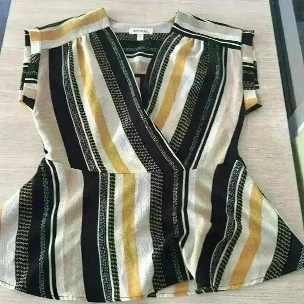 Monteau Black Yellow White Striped Short Sleeve Top Size Large